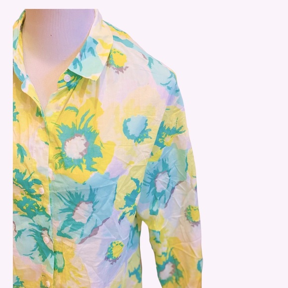 Ann Taylor LOFT Green Yellow Floral Semi Sheer Button Down Shirt XS Oversized - Picture 2 of 5
